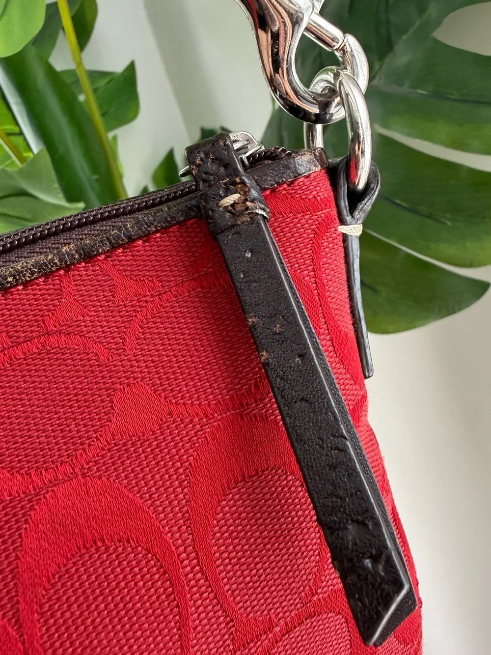 Coach Signature Monogram Red Brown Crossbody Bag Zip Vintage